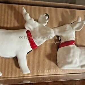 NEW 2 PCS Pottery Barn Ceramic Stag Salt + Pepper Set | White Reindeer Christmas